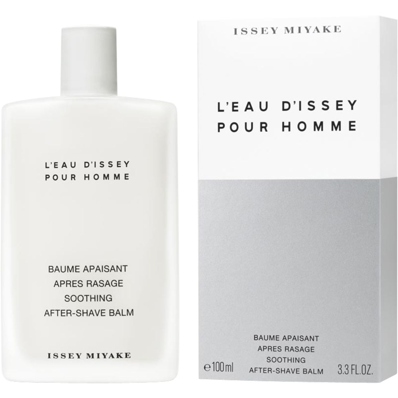 Flacone e confezione bianchi. Testo L'Eau d'Issey pour Homme. Testo: Baume Apaisant, Après Rasage, Soothing, After-Shave Balm. Marchio: Issey Miyake.