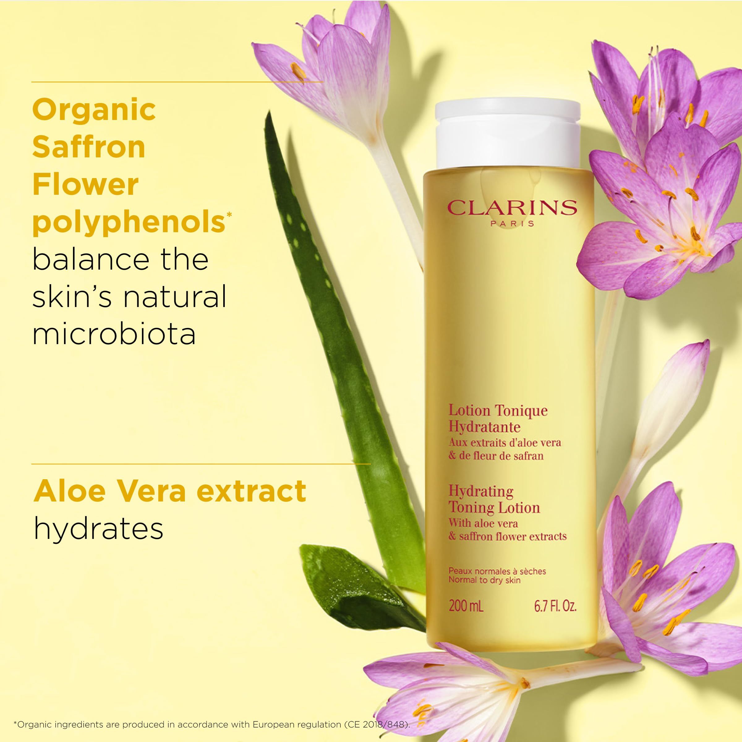 Flacone di lozione tonica con fiori e aloe vera. Testo: Clarins, Lotion Tonique Hydratante, 200 ml. Contiene aloe vera e zafferano.