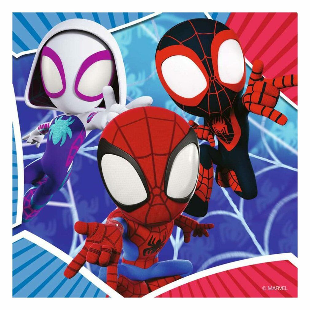 Motivo puzzle con Spidey, Miles Morales e Spider-Gwen. I personaggi sono raffigurati su uno sfondo di ragnatele.