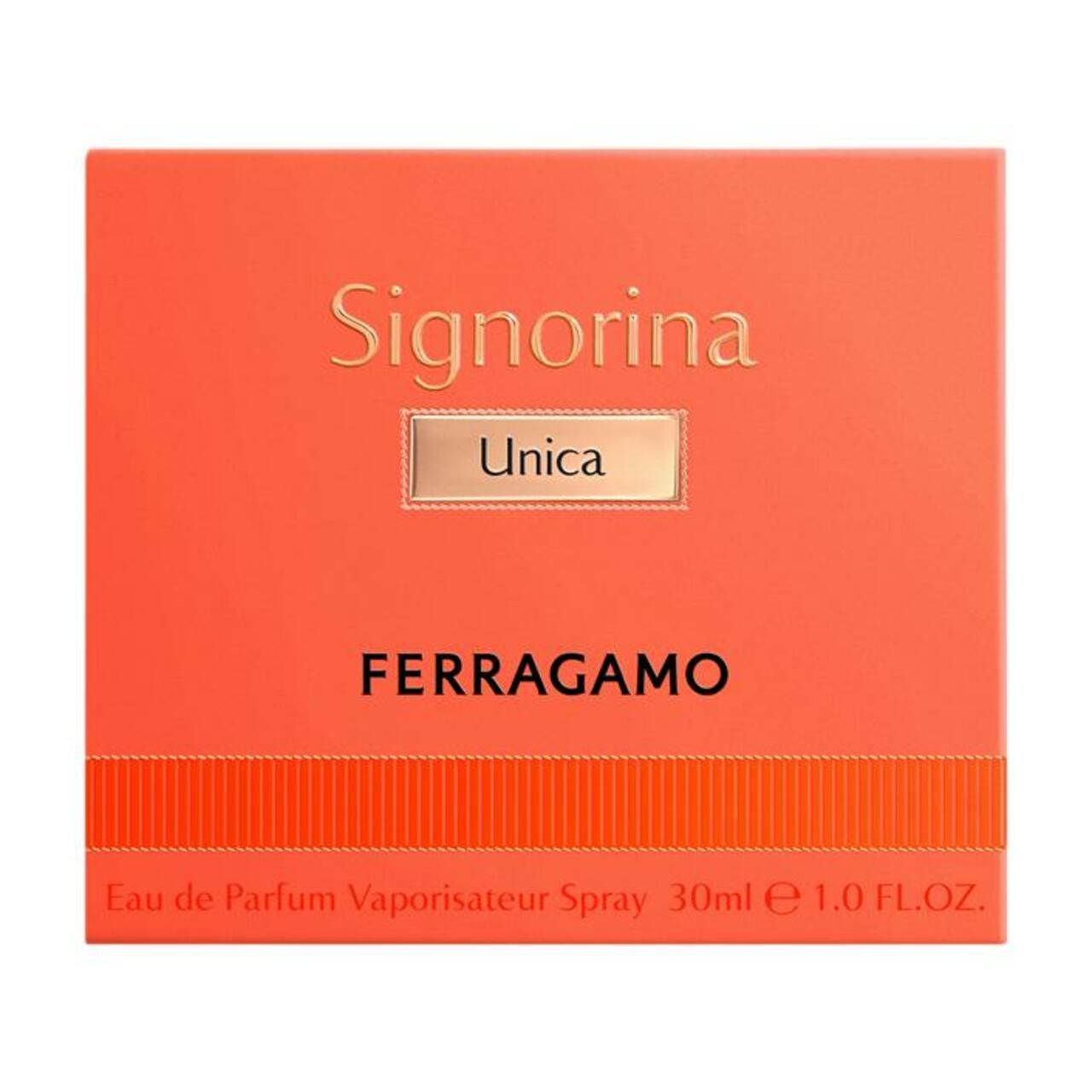 Confezione Signorina Unica EdP Nat. Spray. Confezione rettangolare, arancione, scritta Signorina Unica FERRAGAMO. Testo: Eau de Parfum Vaporisateur Spray.