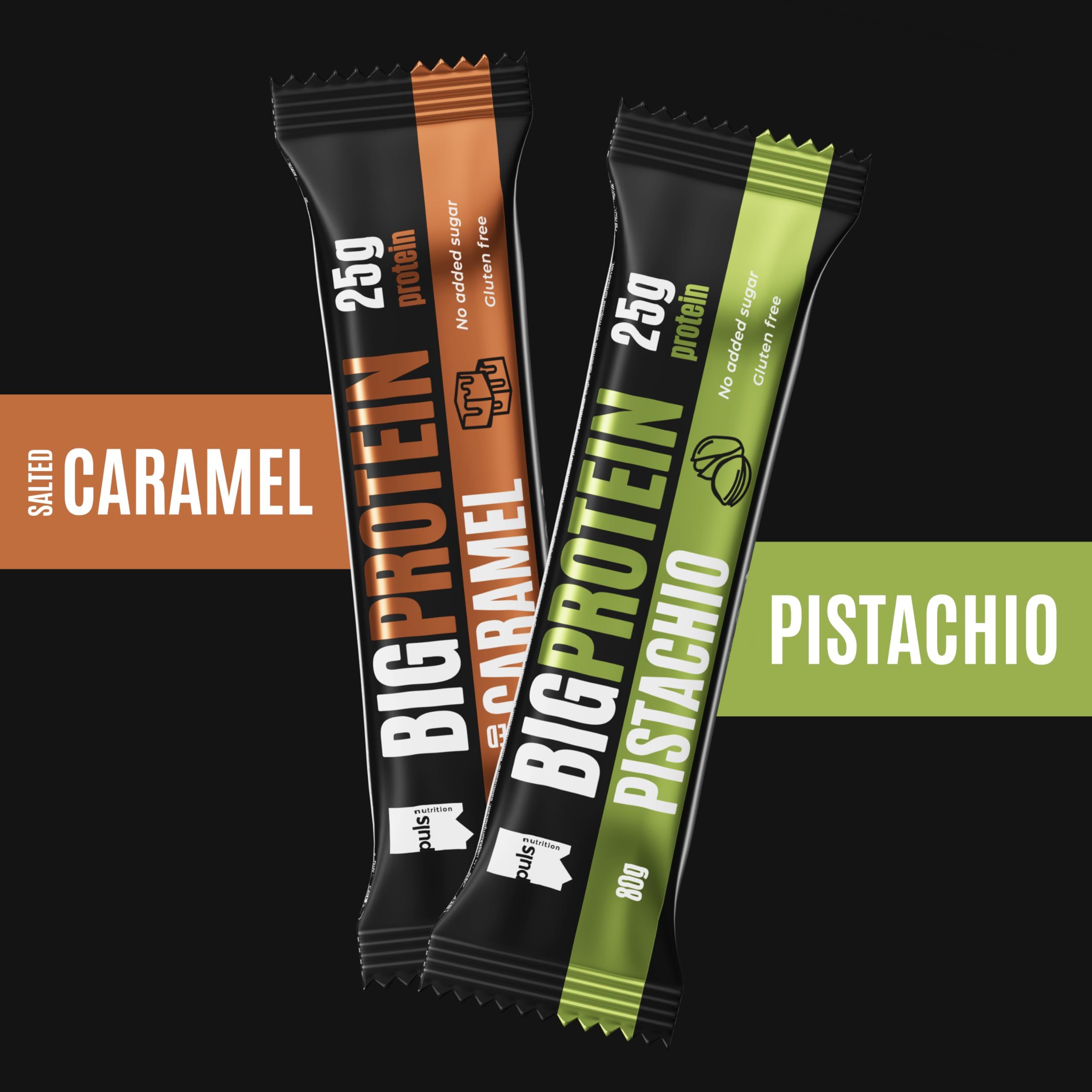 Due barrette Puls Nutrition Big Protein: Salted Caramel e Pistacchio. 80g ciascuna, 25g di proteine, senza zuccheri, senza glutine.