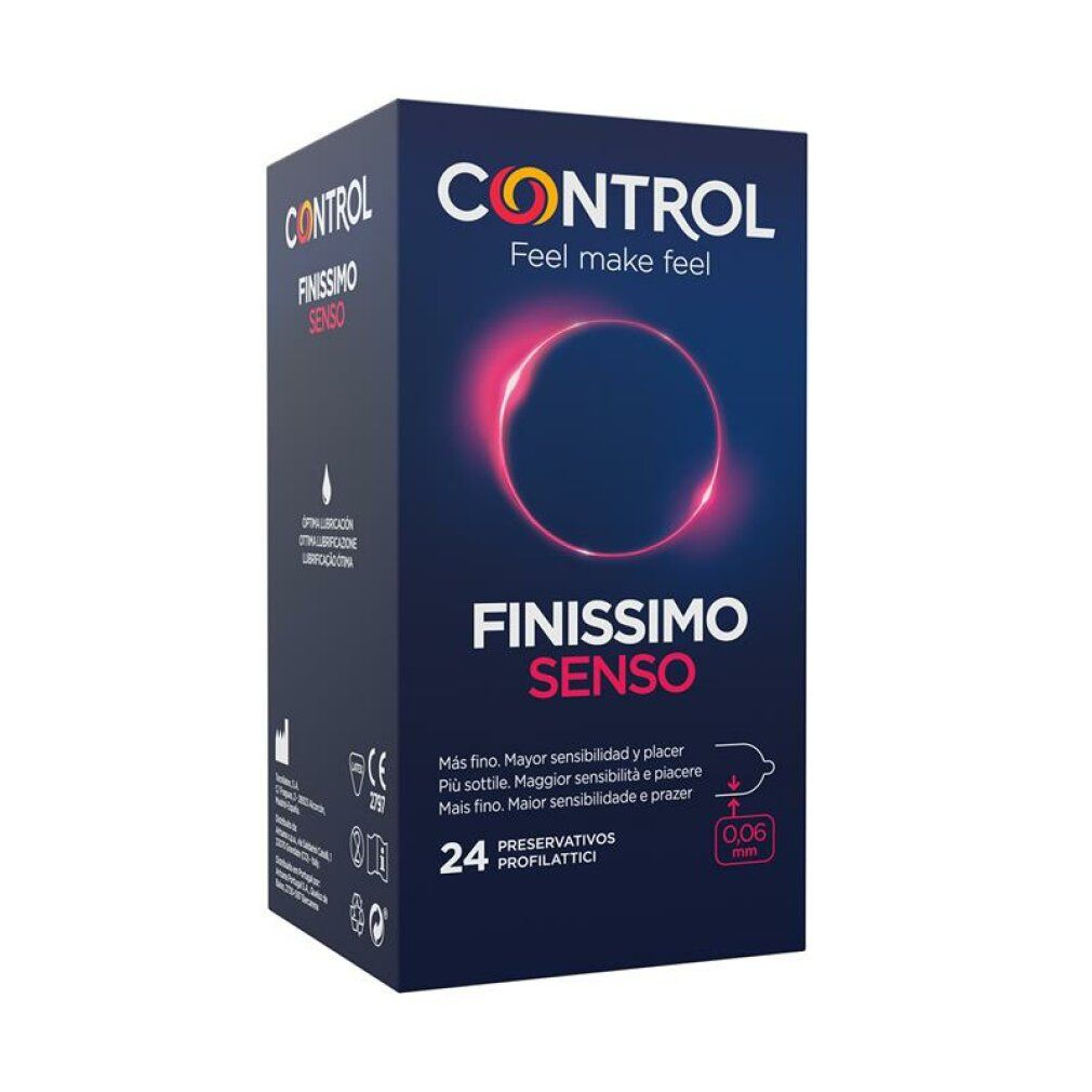 Scatola di preservativi CONTROL FINISSIMO SENSO. 24 pezzi. 0,06 mm. Sfondo blu scuro, cerchio rosso. Testo multilingue.