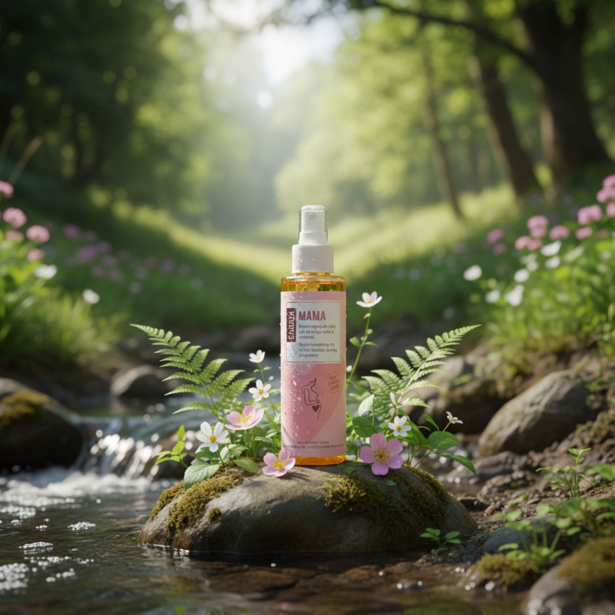 Flacone d'olio con vaporizzatore, posto su una pietra in un ruscello. Etichetta rosa con testo e illustrazione.