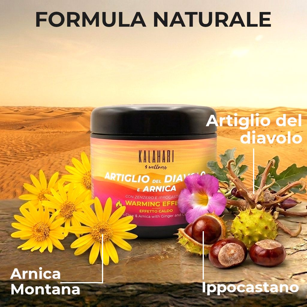 Vasetto con artiglio del diavolo, arnica, zenzero, ippocastano. Paesaggio desertico.