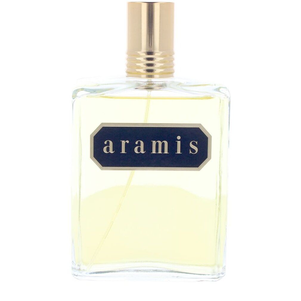 Flacone Aramis Classic Eau de Toilette. Flacone rettangolare in vetro, tappo dorato e logo.