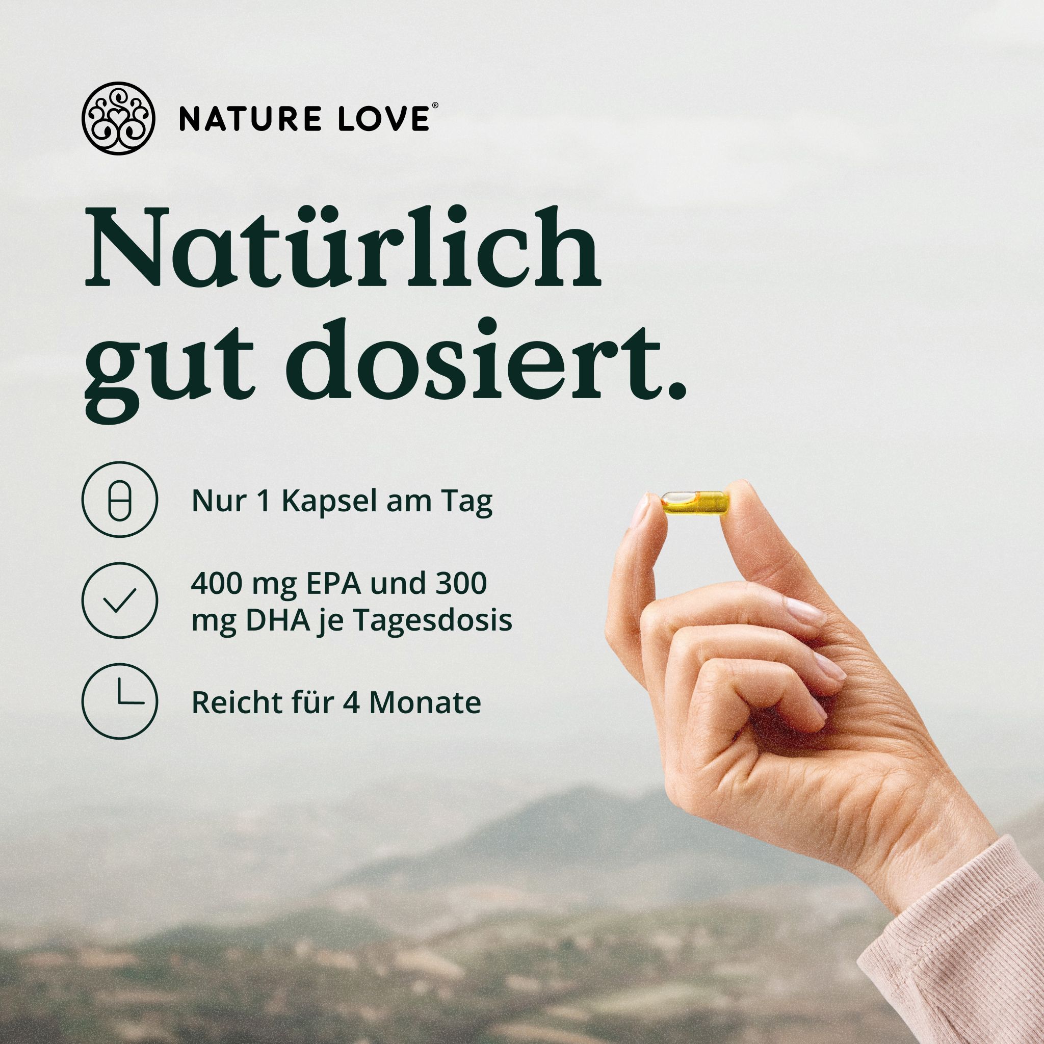 Mano che tiene una capsula. Testo: Naturalmente ben dosato. Icone: 1 capsula/giorno, 400mg EPA/300mg DHA, dura 4 mesi.