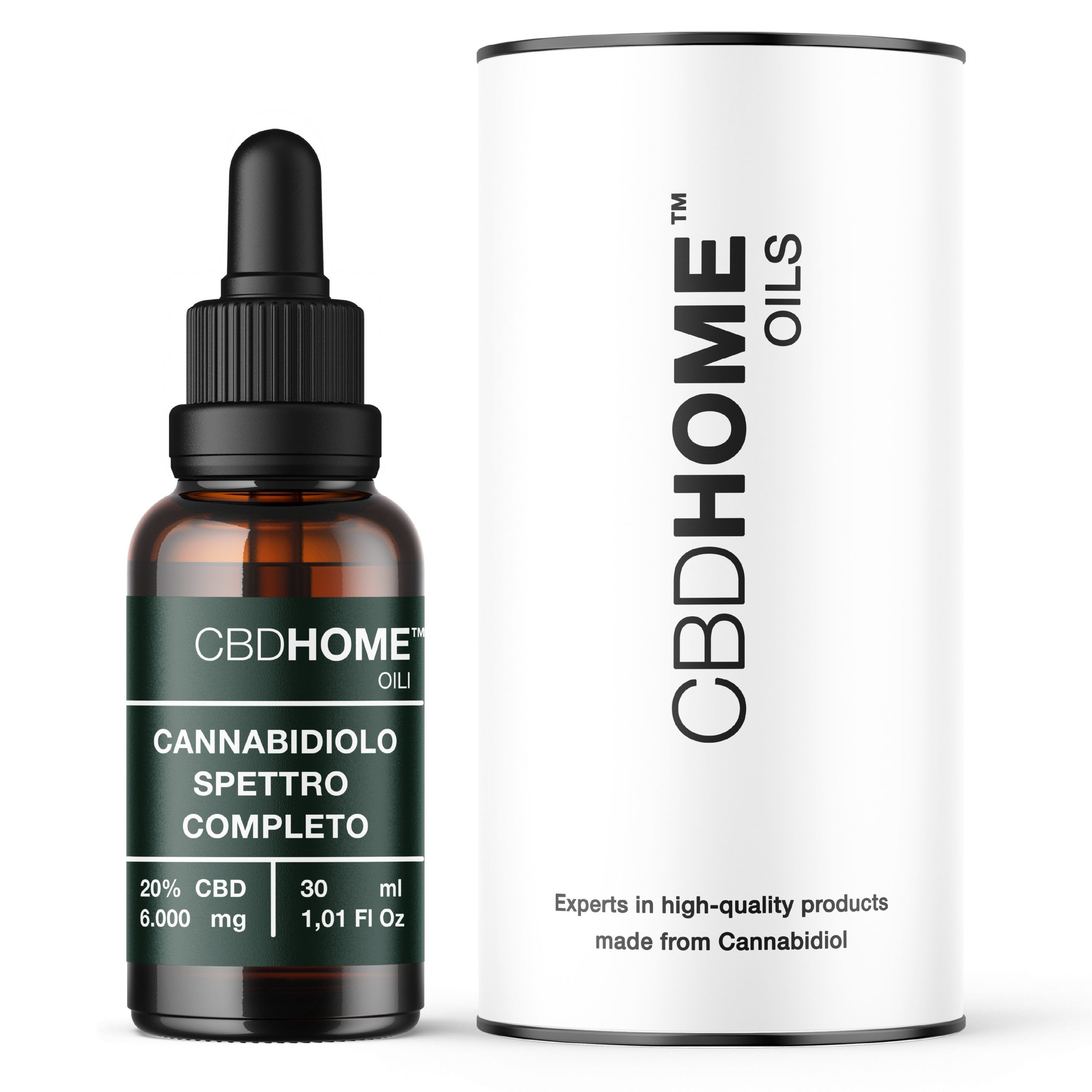 Olio CBD a spettro completo CBDHOME 20% in flacone di vetro marrone con contagocce e confezione esterna.