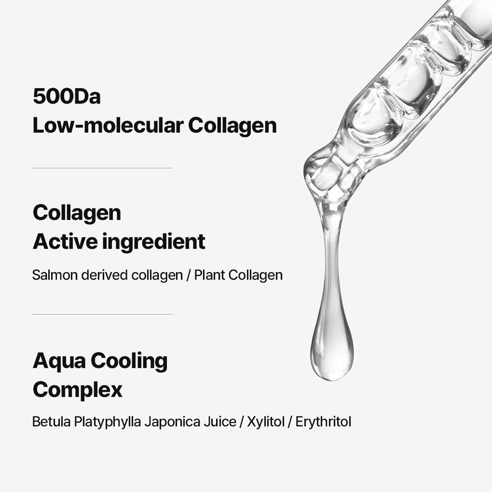 Liquido che gocciola da una pipetta. Testo: 500Da Low-molecular Collagen, Collagen Active ingredient, Aqua Cooling Complex.