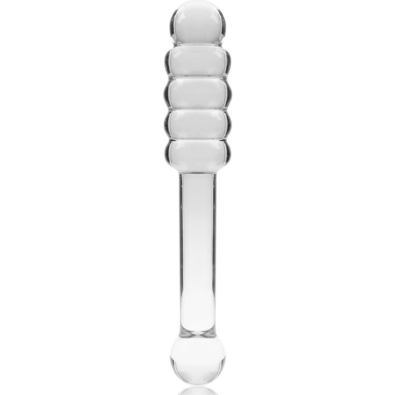 Dildo in vetro borosilicato, lungo 20,5 cm, con testa a coste e impugnatura sferica.