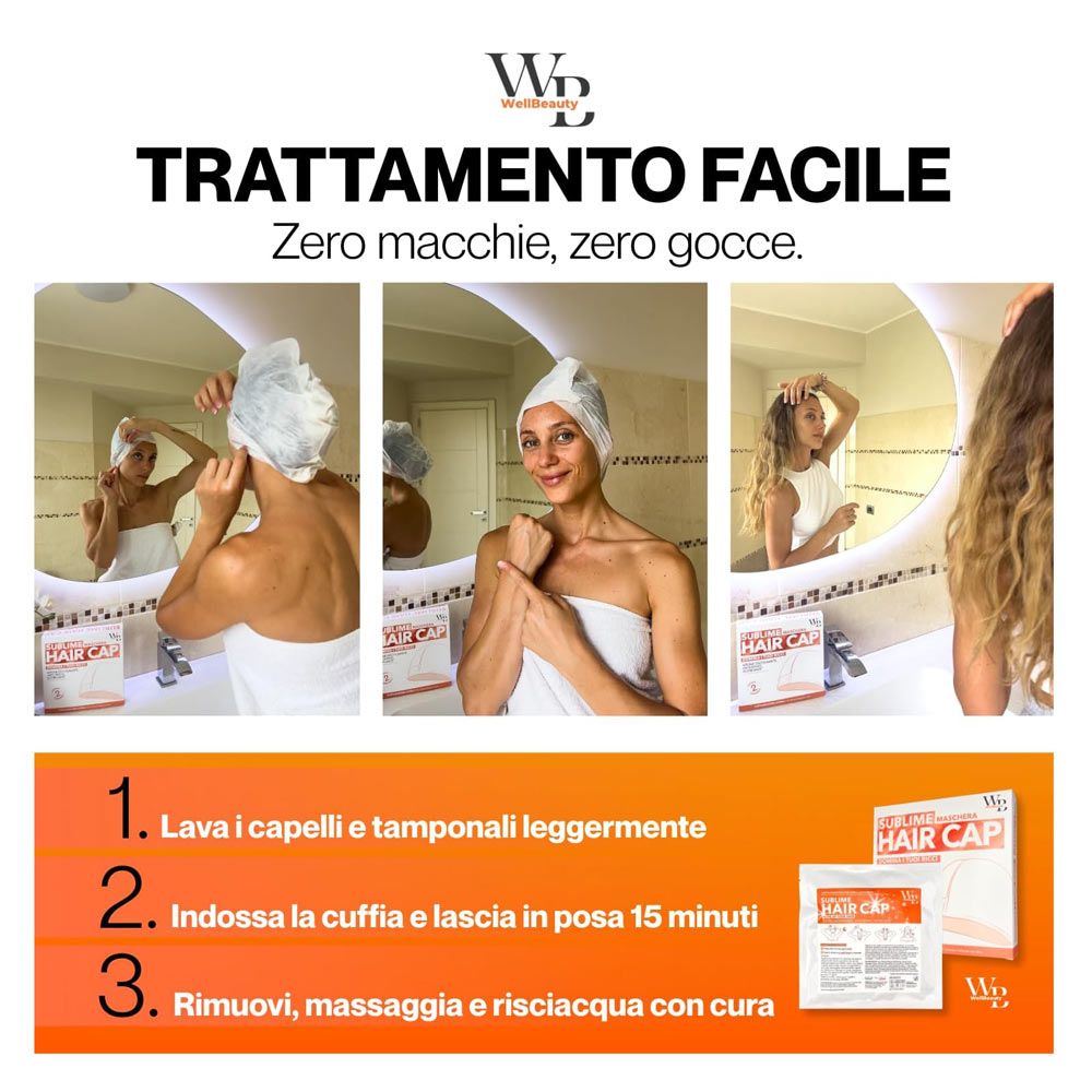 Donna con asciugamano e cuffia per capelli davanti agli specchi. Confezione del prodotto con Hair Cap. Testo: Trattamento Facile.