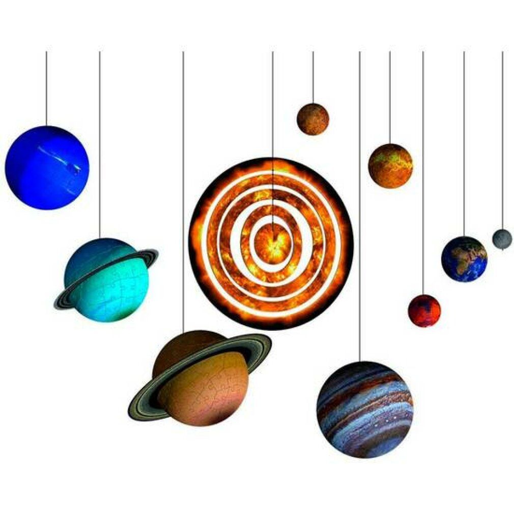 Puzzle 3D Sistema solare, i pianeti sono appesi a dei fili. Il sole è un elemento circolare.