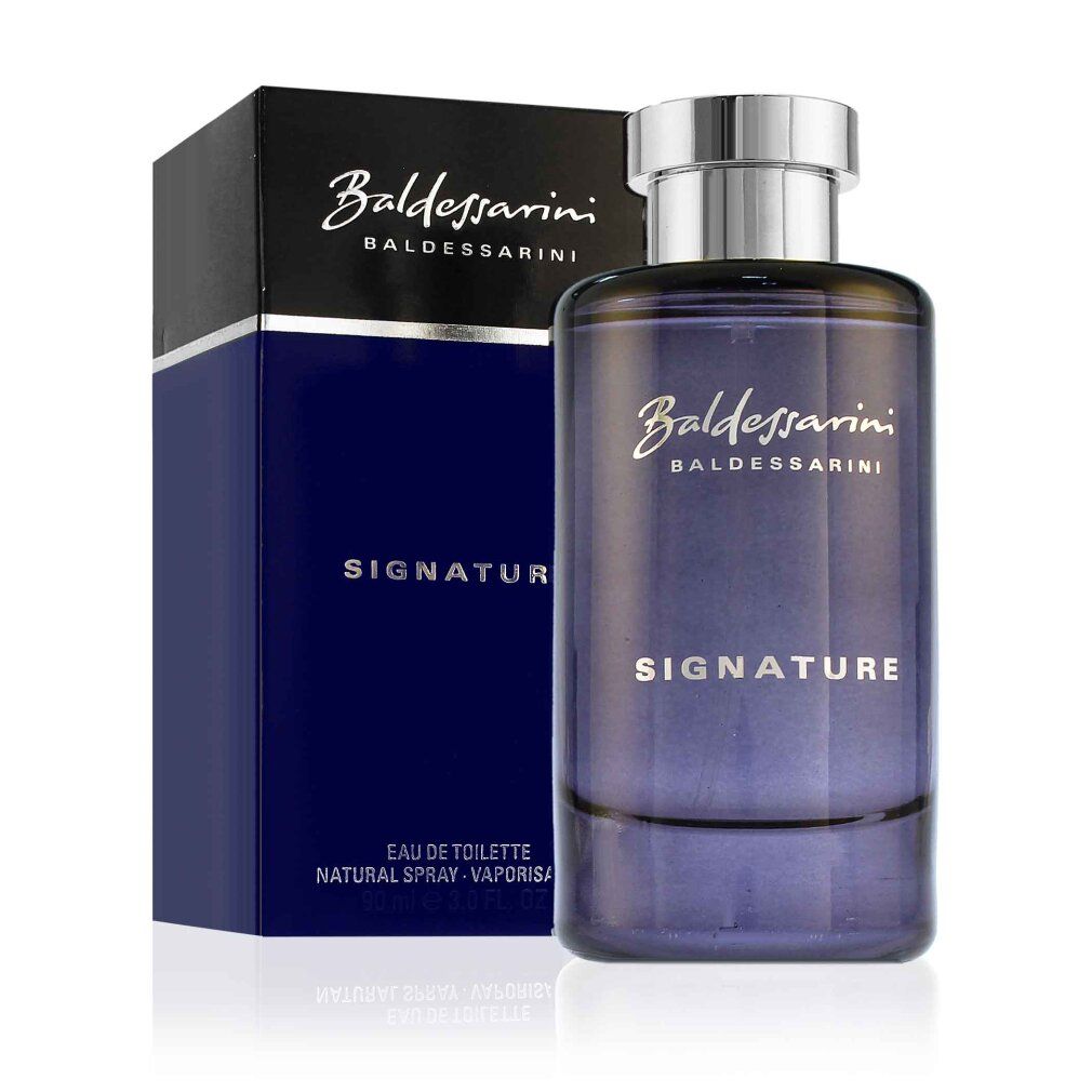 Baldessarini Signature Edt Spray e confezione. Blu e nero. Tappo argentato. Scritta: Baldessarini, Signature.