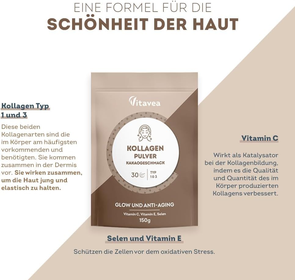 Busta beige di Vitavea Kollagenpulver al gusto cacao. Contiene collagene tipo 1 e 3, vitamina C, E e selenio.