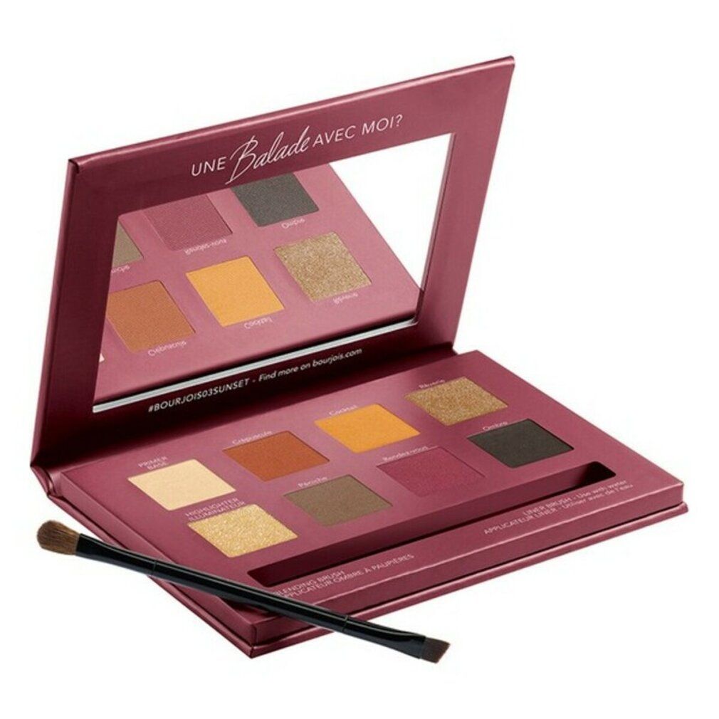 Palette ombretti Bourjois nº3 Quai De Seine Sunset Edition. 9 colori, specchio, pennello. Astuccio bordeaux aperto.
