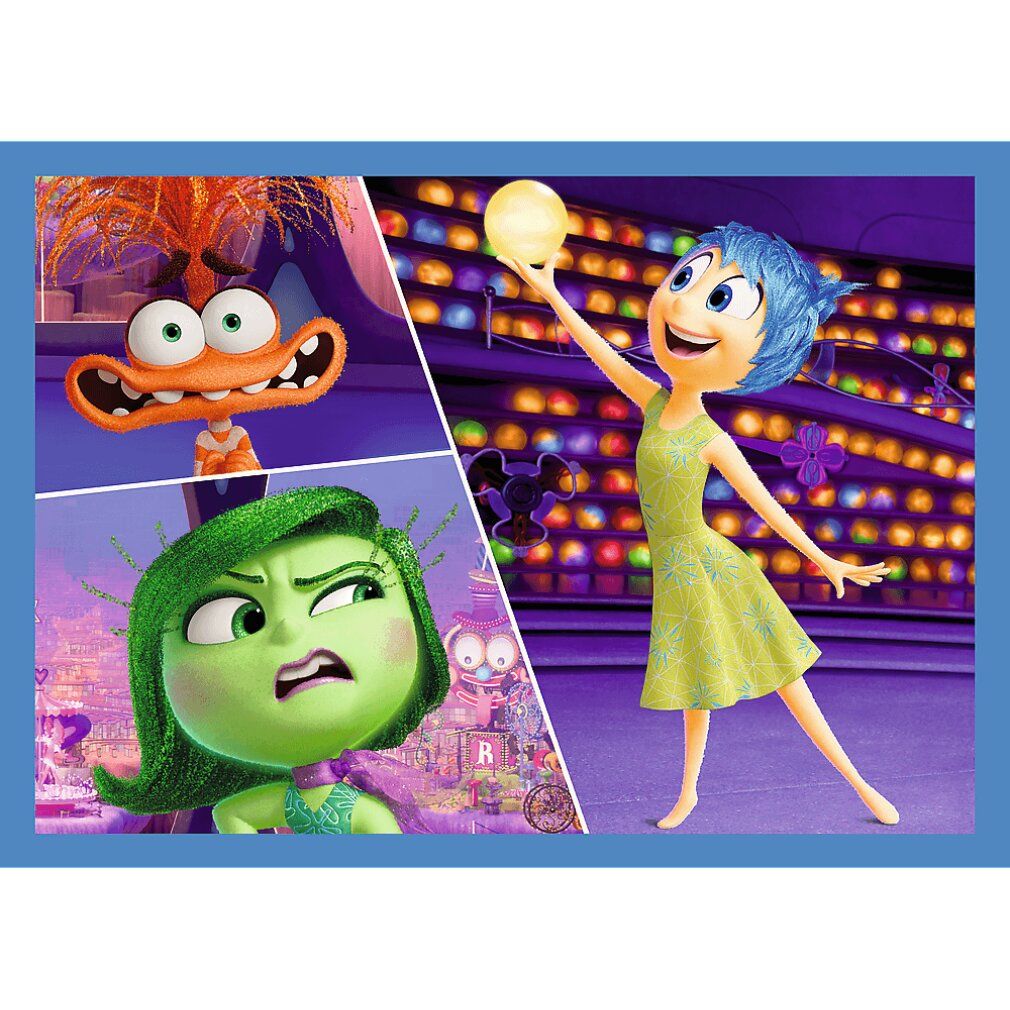 Puzzle con personaggi di Inside Out. Personaggi: Gioia, Disgusto e un altro. Sfondo: scene del film. Pezzi di puzzle visibili.