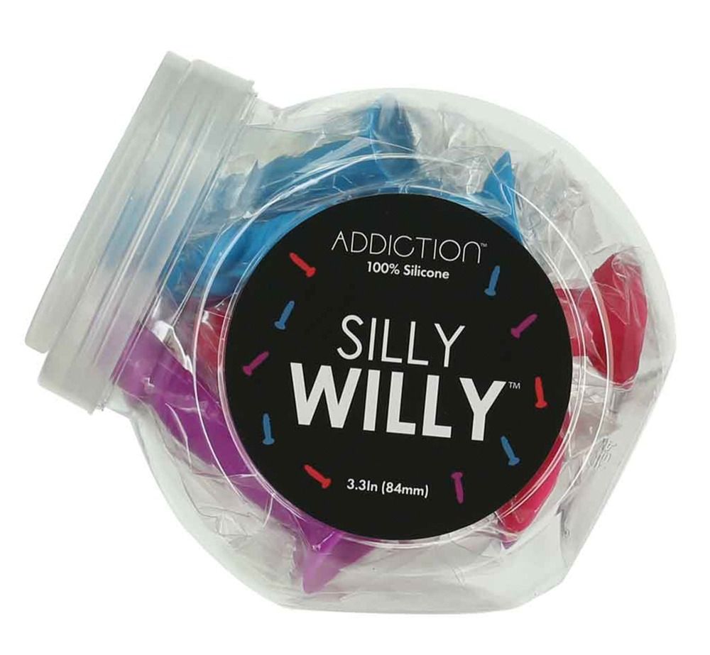 Barattolo trasparente con diversi mini dildo. L'etichetta riporta 'ADDICTION' e 'SILLY WILLY'.