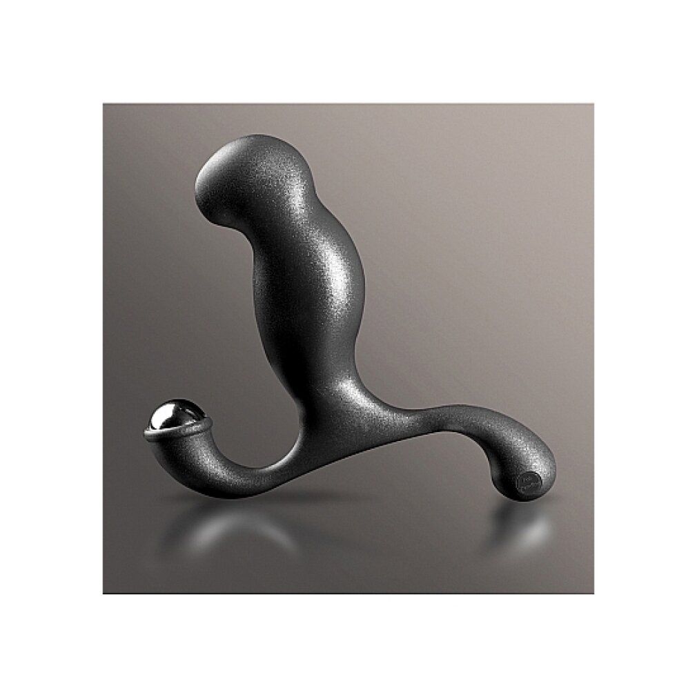 Prodotto benessere nero, forma curva, sfera metallica. Design ergonomico.