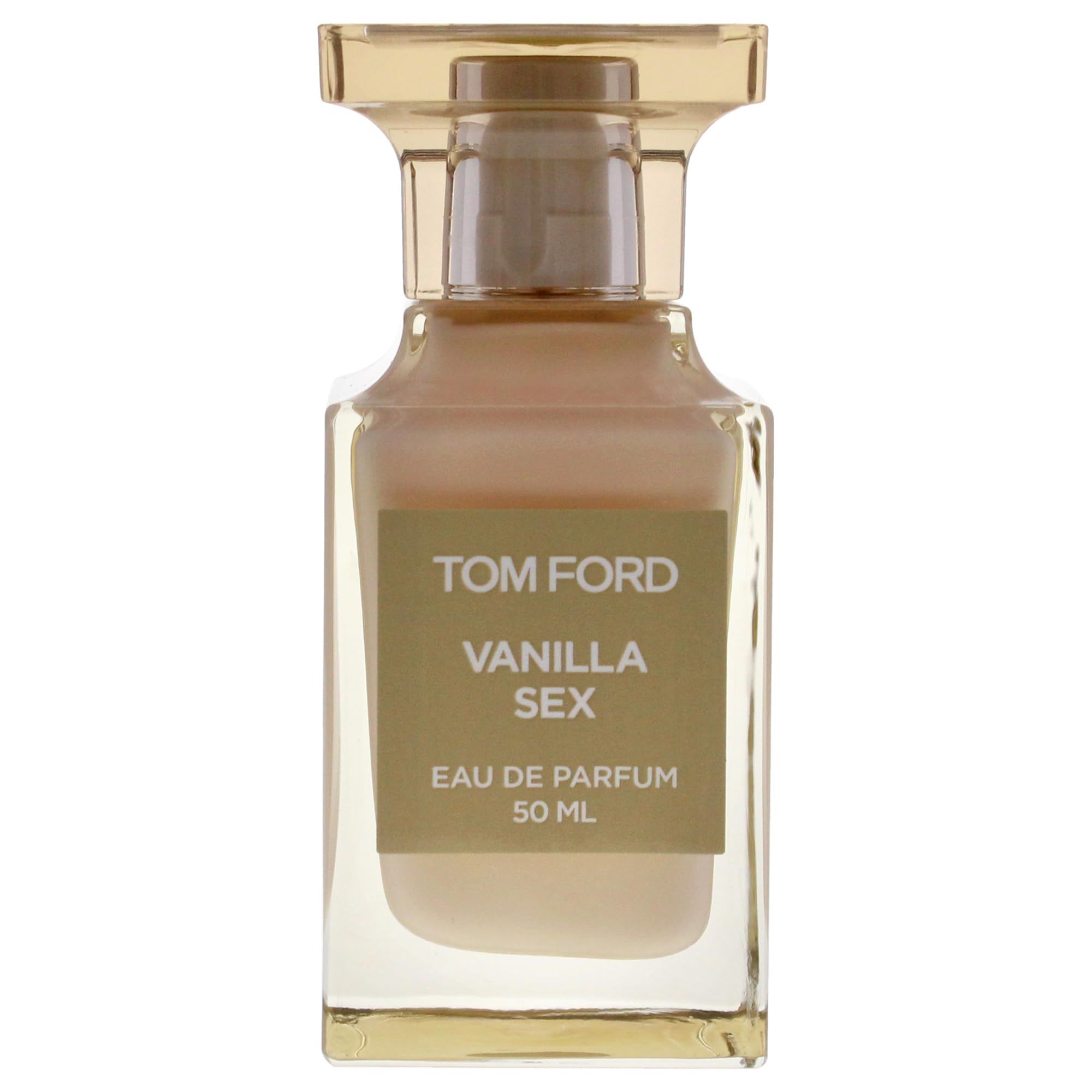 Flacone di profumo. Flacone in vetro con tappo dorato. Testo: Tom Ford, Vanilla Sex, Eau de Parfum, 50 ml.