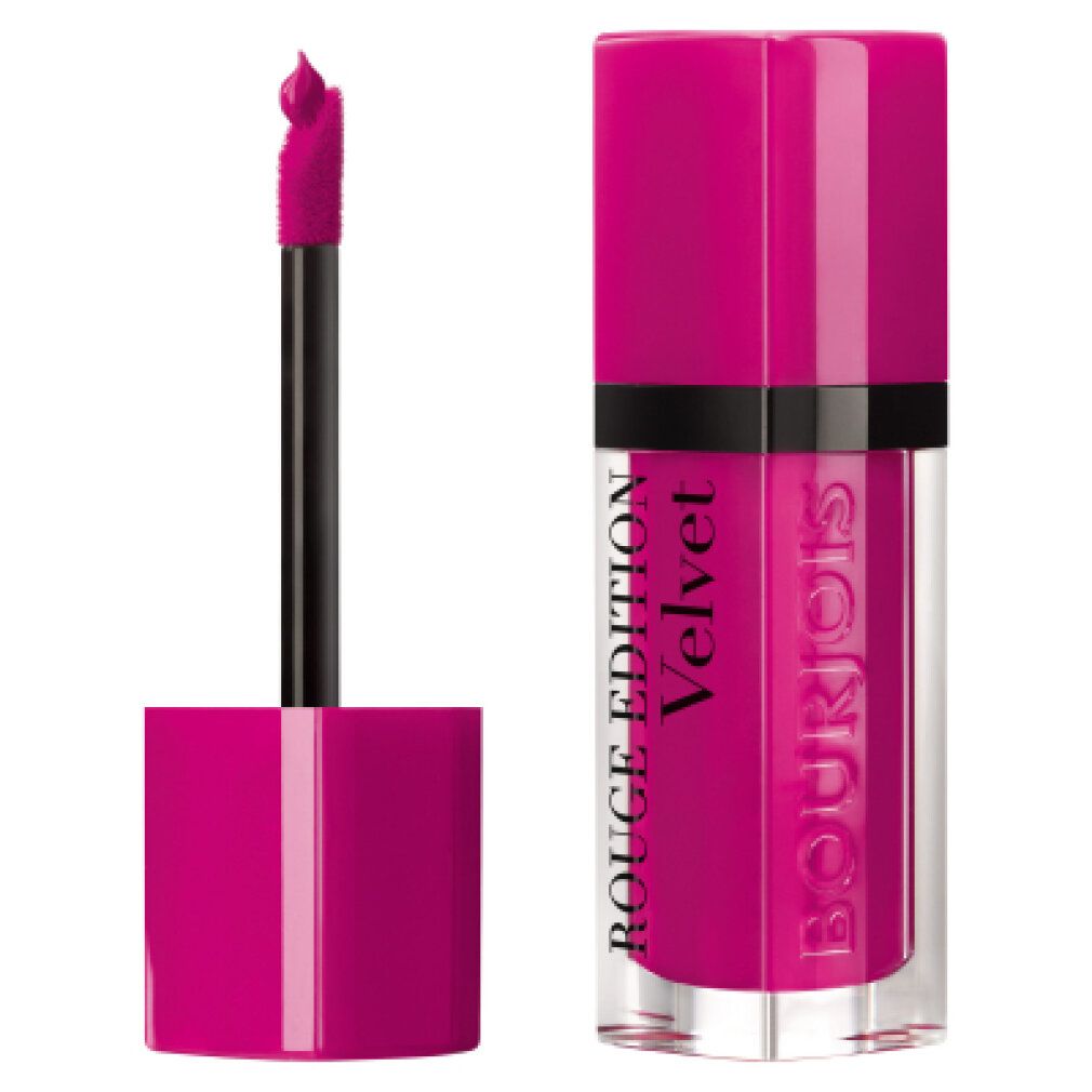 Rossetto rosa con applicatore aperto. Sul contenitore sono scritte 'ROUGE EDITION Velvet' e 'BOURJOIS'.