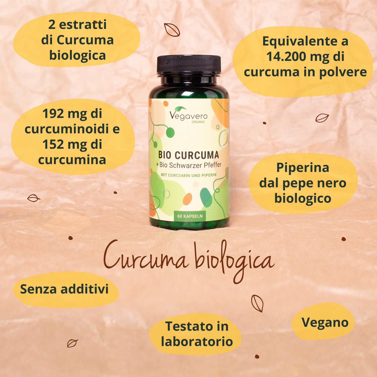Flacone del prodotto con informazioni. Contiene 60 capsule. Informazioni aggiuntive: vegano, testato in laboratorio, produzione tedesca.