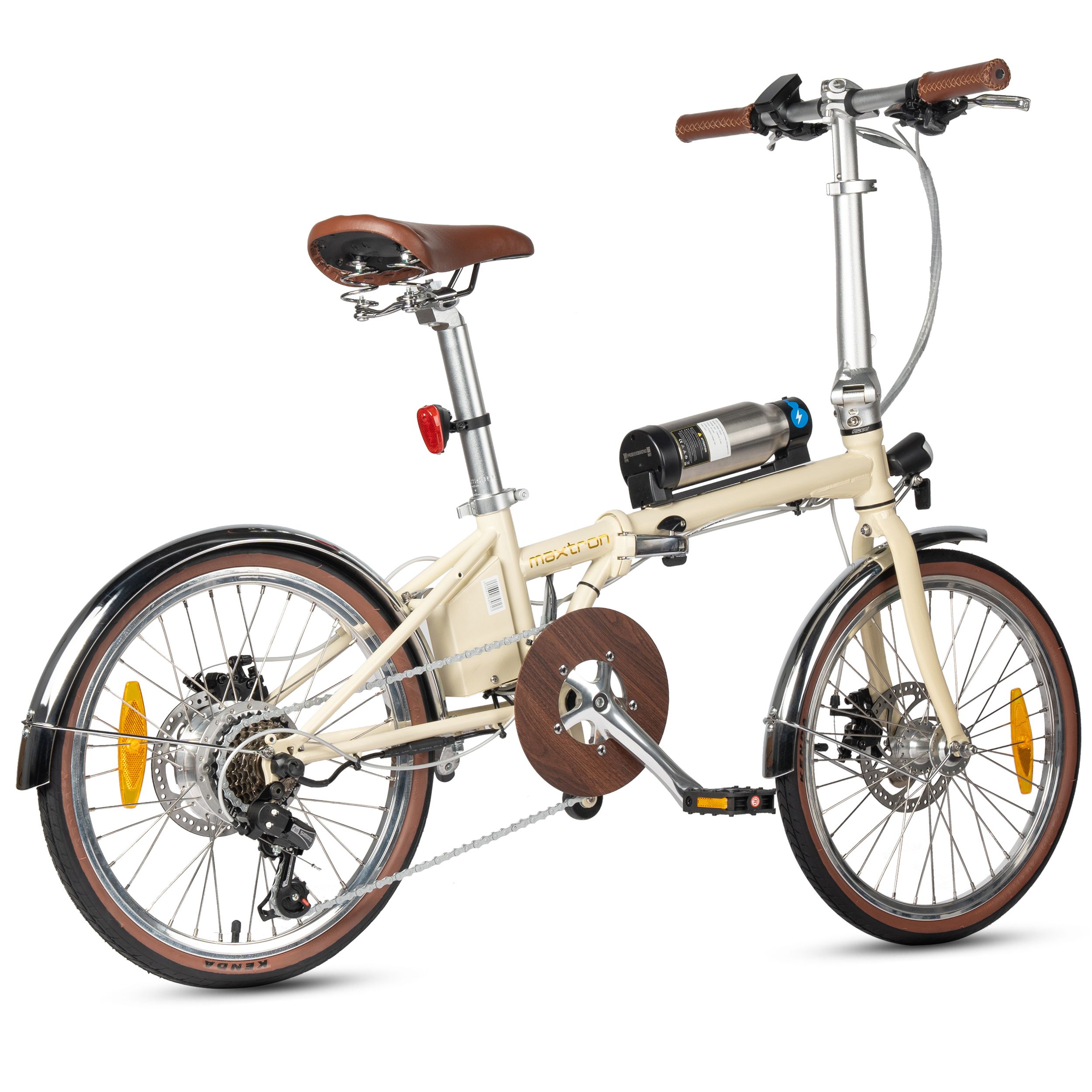 E-bike beige con pneumatici e sella marroni. Visibili: motore, batteria, parafanghi, freni. Scritta: Maxtron.