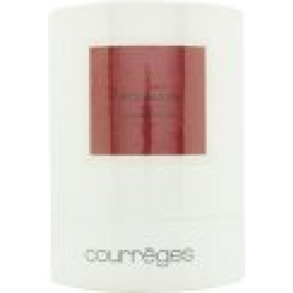 Confezione cilindrica bianca con rettangolo rosso. Scritta Courrèges in basso. Testo illeggibile.