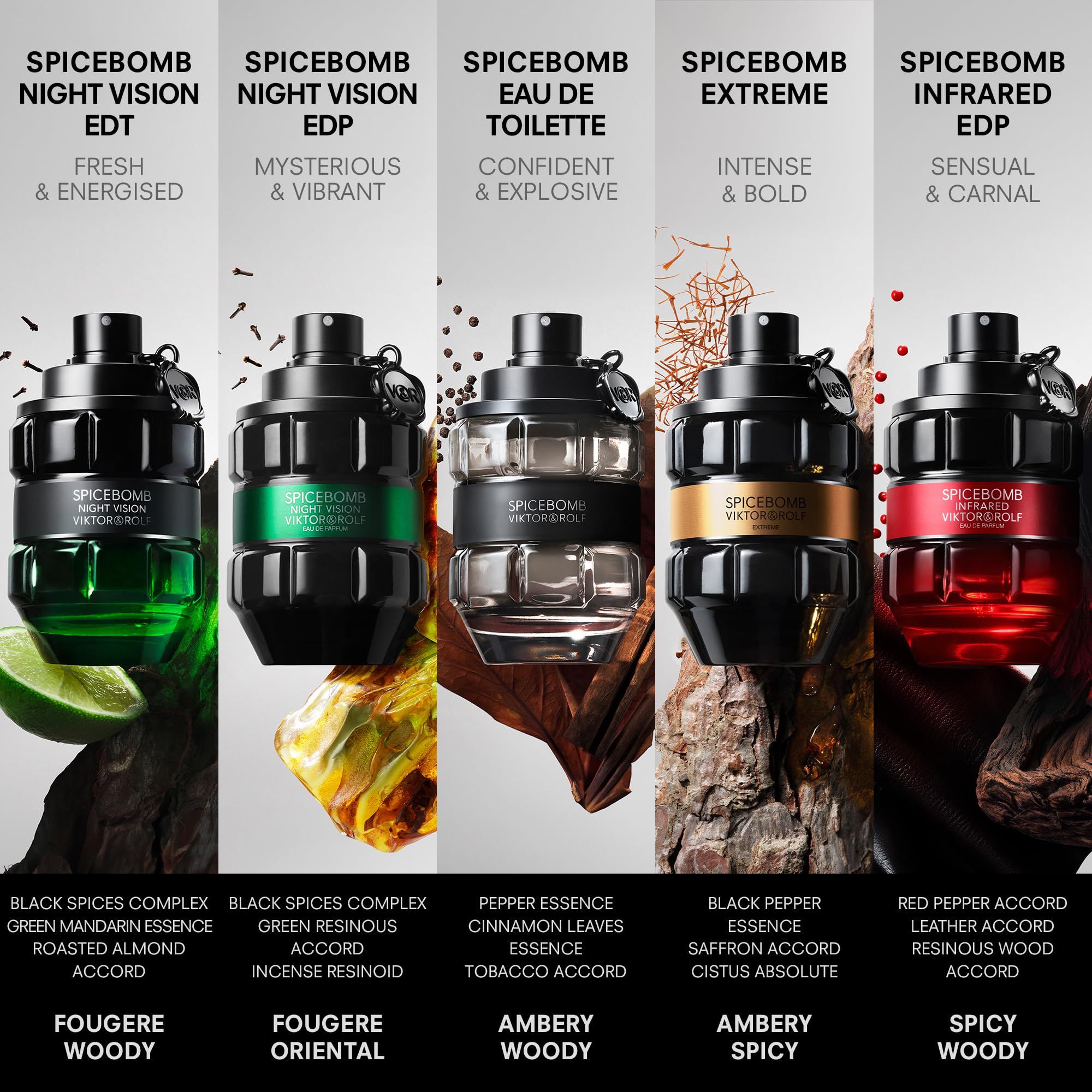Cinque flaconi. Gamma SPICEBOMB. Diversi colori e profumi. Scritta: SPICEBOMB VIKTOR&ROLF. Diversi ingredienti.