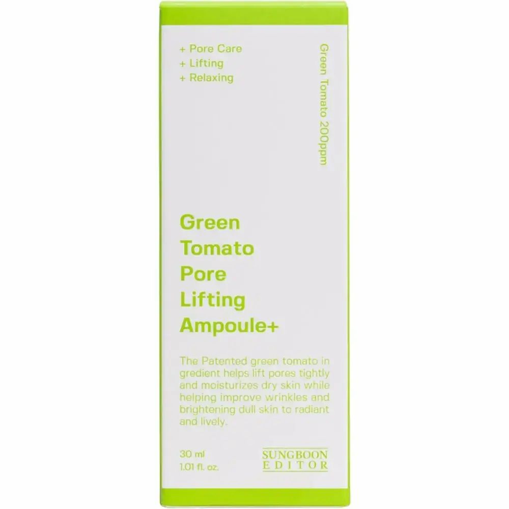Confezione bianca con testo: Green Tomato Pore Lifting Ampoule+. Descrizione del prodotto.