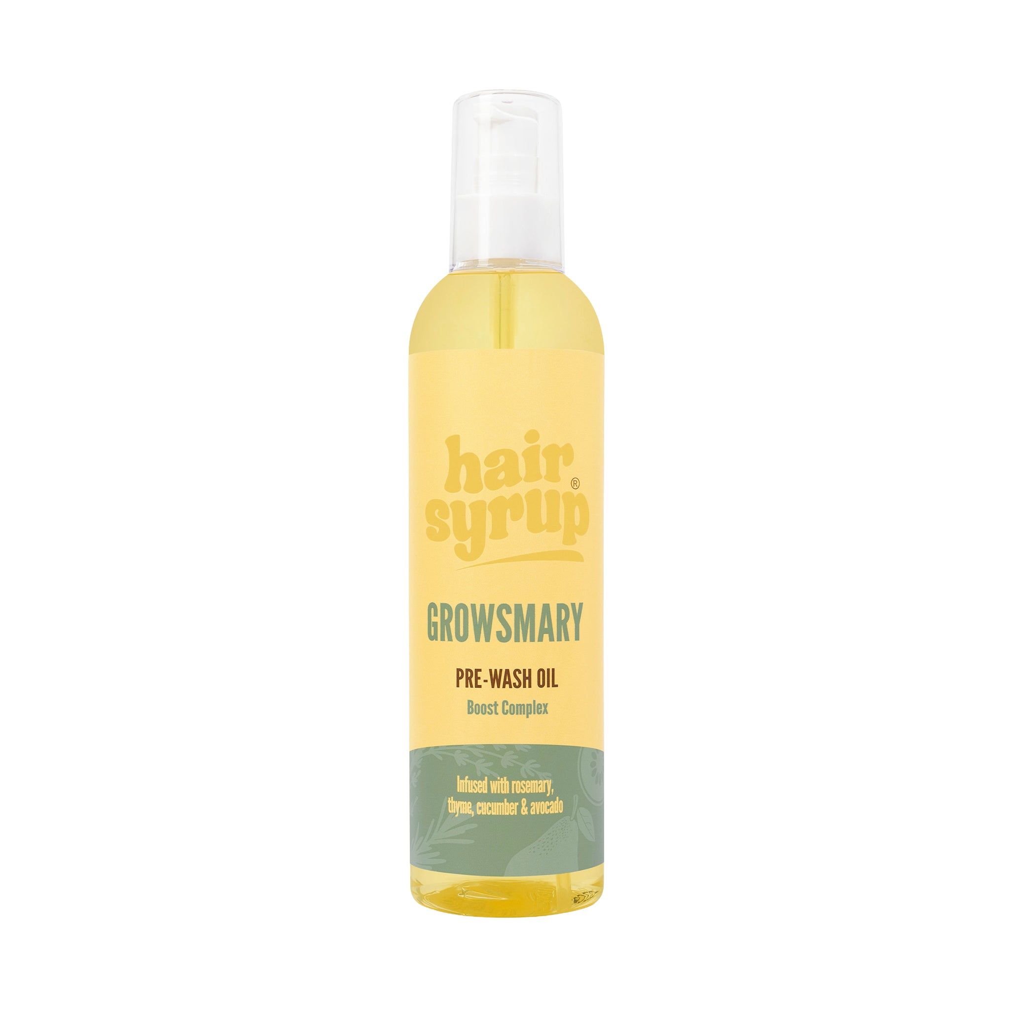 Bottiglia gialla « Hair Syrup Growsmary » con tappo bianco. Scritta: Pre-Wash Oil. Su sfondo bianco.