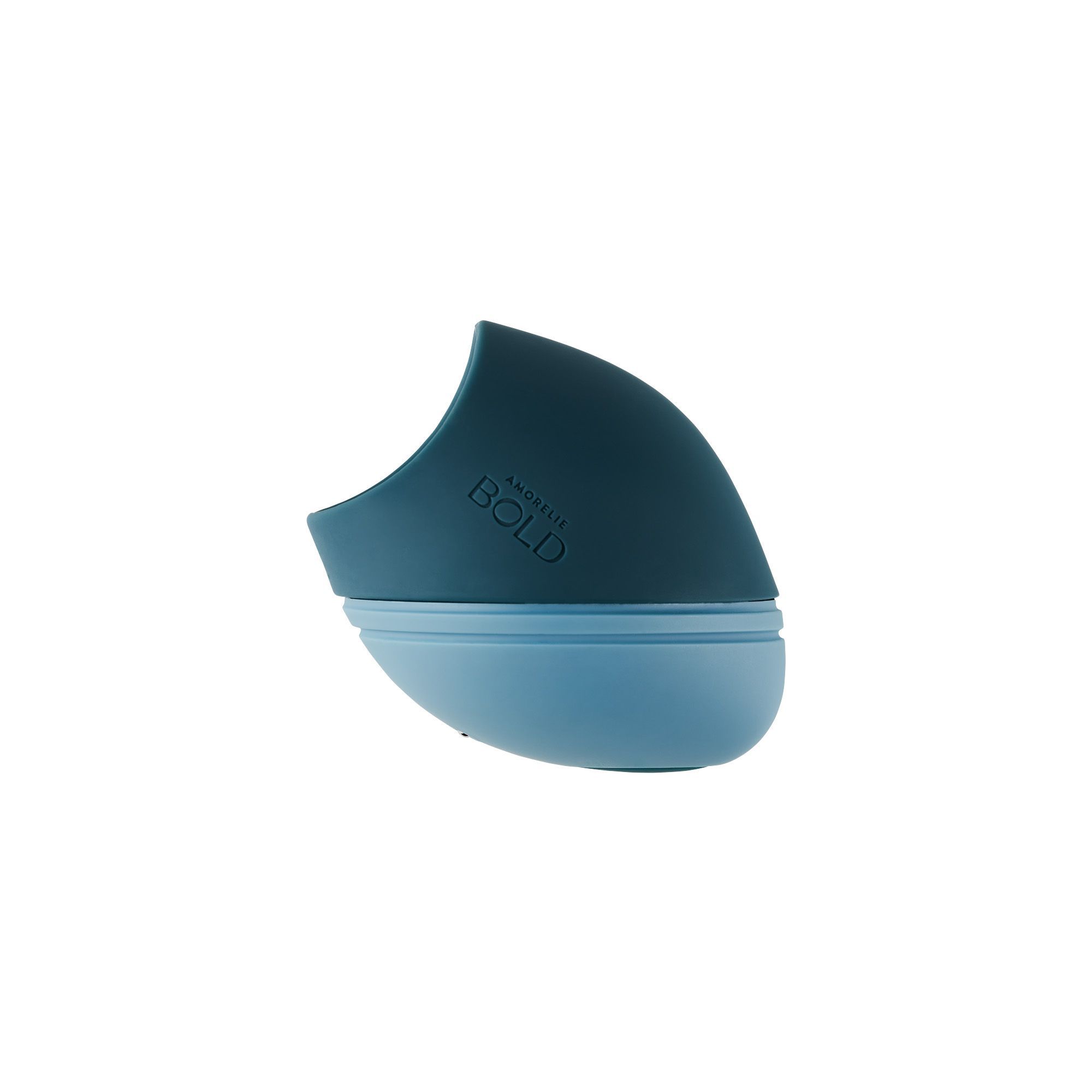 Oggetto blu-teal. Forma arrotondata con lato aperto. Scritta AMORELIE BOLD.