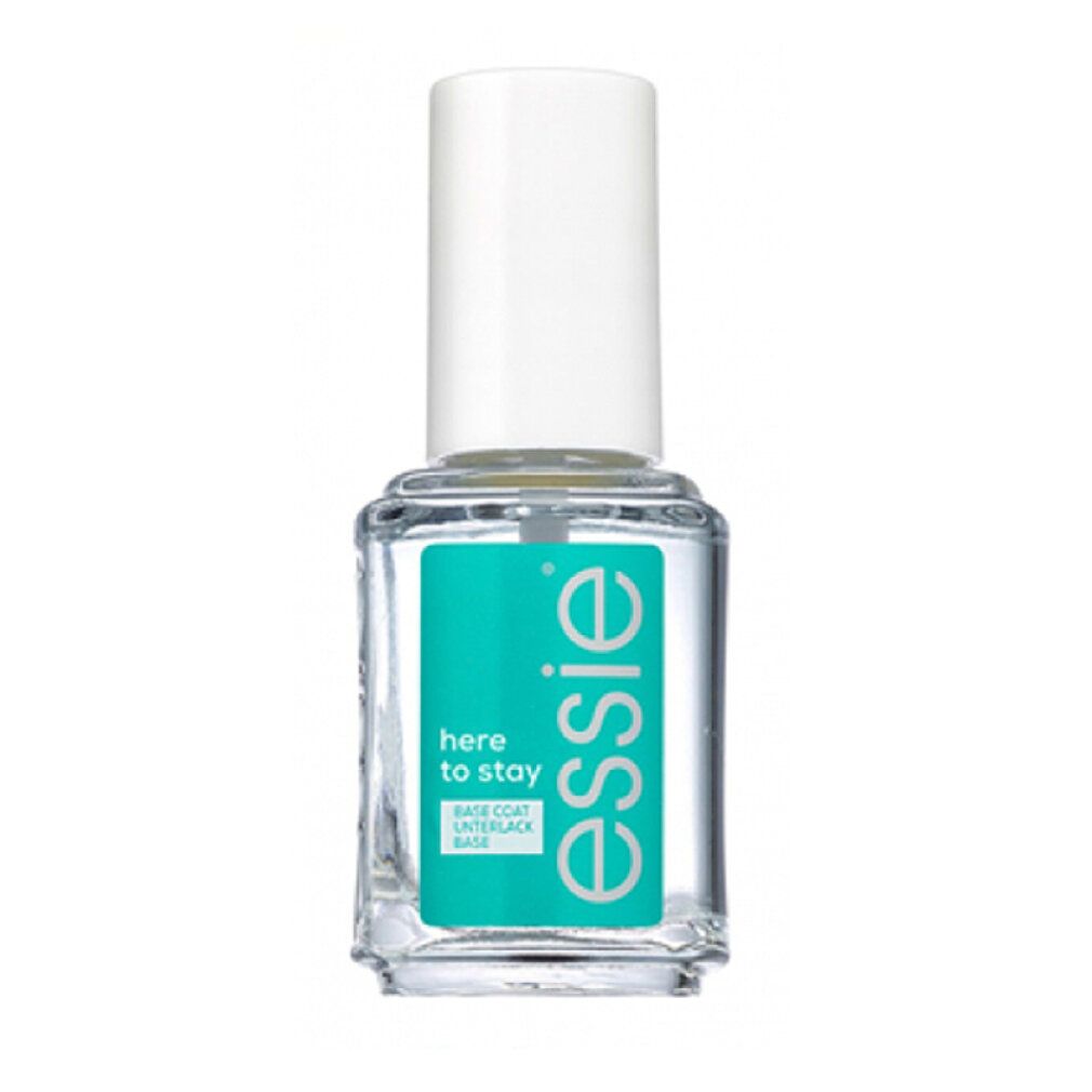 Base coat Essie Here To Stay. Flacone di smalto trasparente con tappo bianco. Etichetta turchese con informazioni.