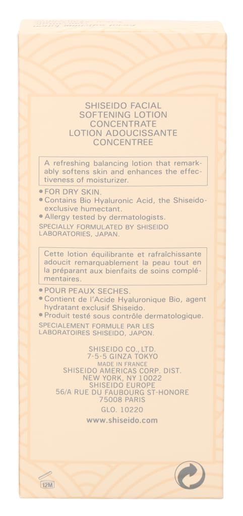 Retro della confezione. Testo: Shiseido Facial Softening Lotion Concentrate. Informazioni sugli ingredienti e il produttore.
