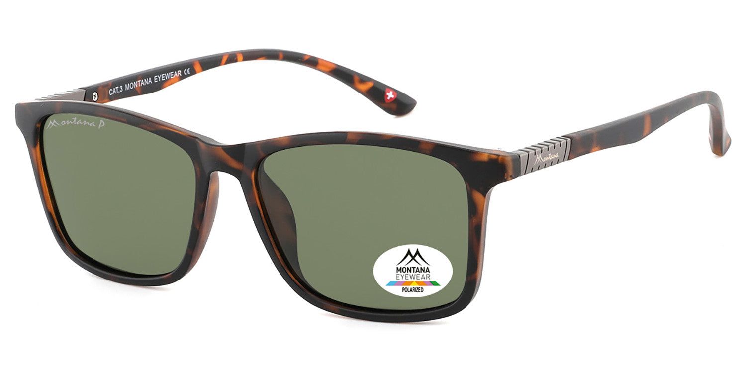Occhiali da sole con montatura marrone e lenti verdi. Logo sulla stanghetta. Adesivo "Polarized" e logo su una lente.