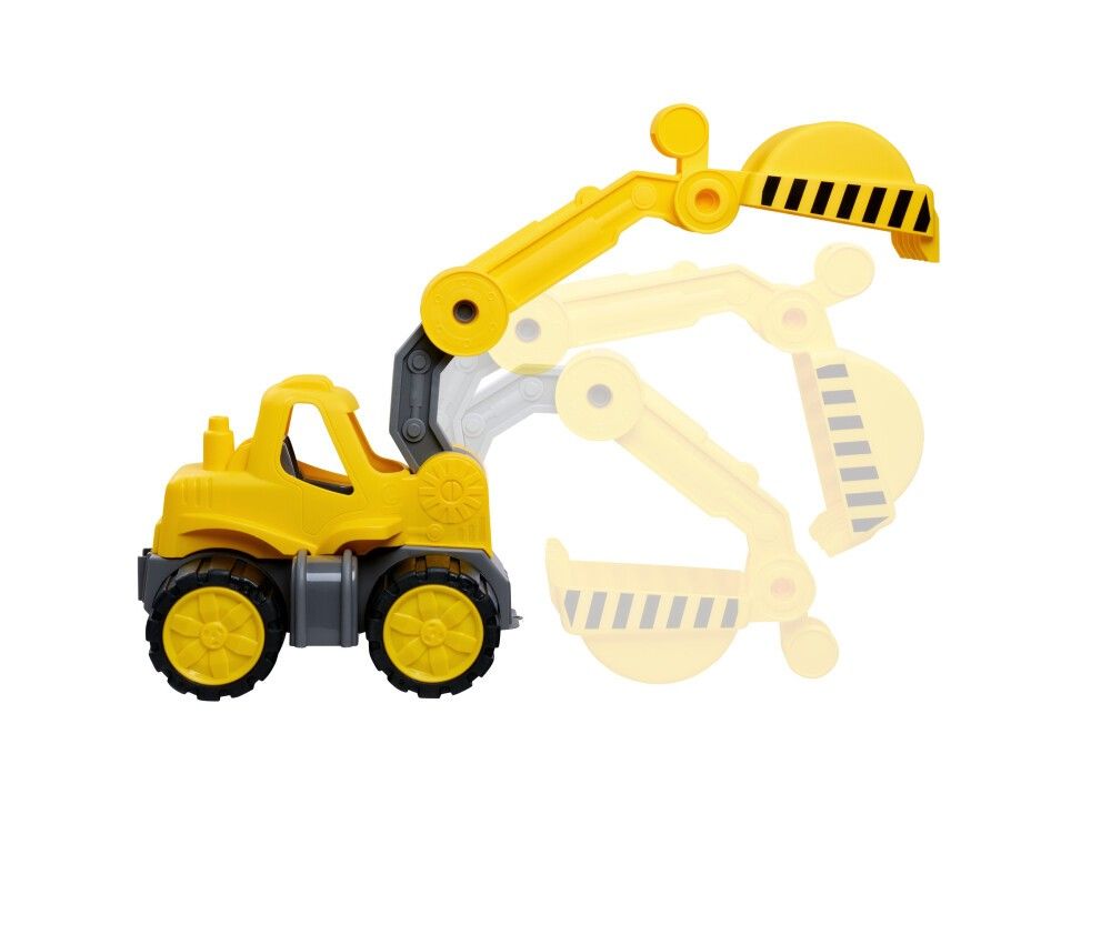 Escavatore giallo con strisce nere sulla benna. Bracci e ruote grigie. Cerchi gialli. Effetto mosso.