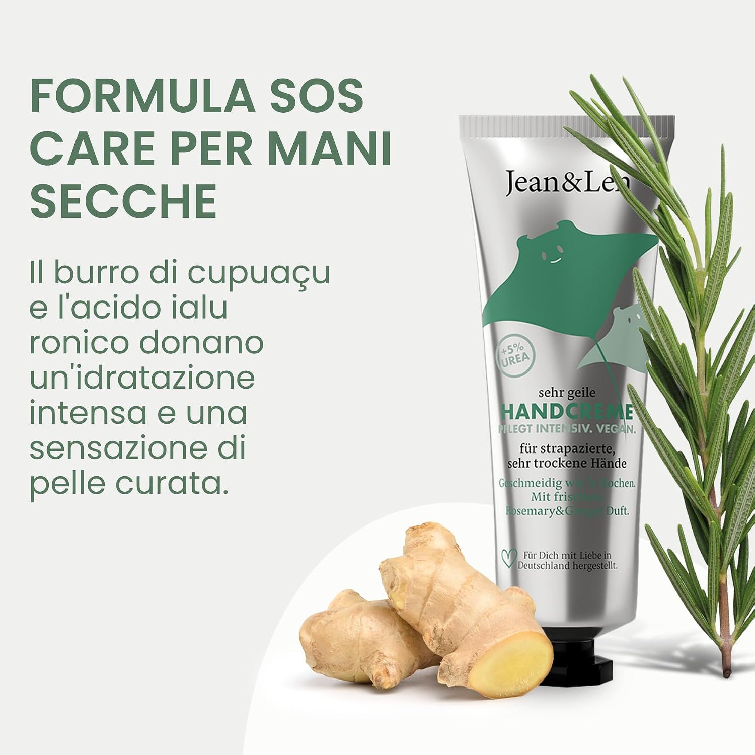 Crema mani Jean & Len: "Formula di cura vegana con..." Vitamina E, Acido Ialuronico, Burro di Cupuaçu.