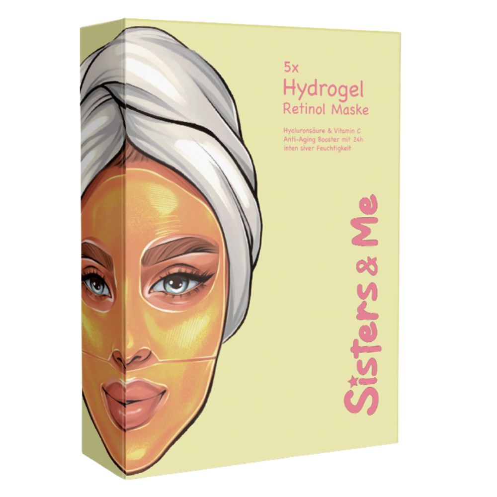 Confezione di maschere Hydrogel Retinol. Scritta: 5x, Sisters & Me, volto di donna con maschera. Testo: Acido Ialuronico & Vitamina C.