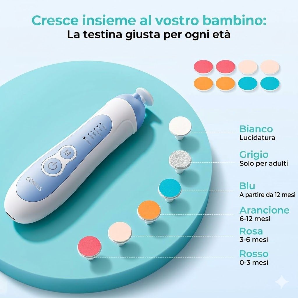 Lima per unghie elettrica, blu e bianca. Su sfondo blu. 8 accessori di diversi colori. Per diverse fasce d'età.