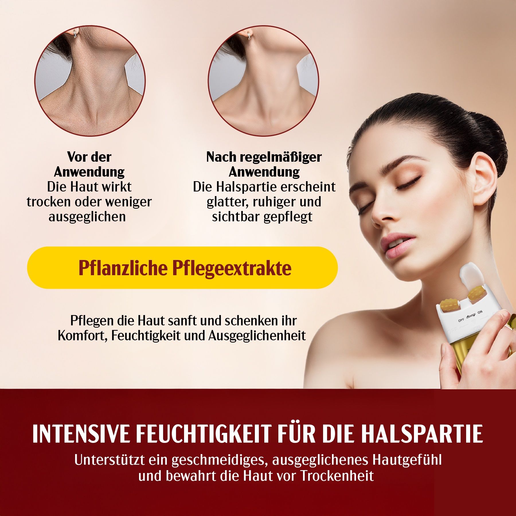 Confronto prima-dopo. Testo: Estratti vegetali per la cura. Idratazione intensiva per il collo.