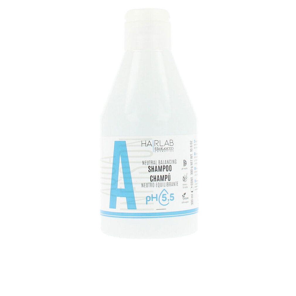 Flacone di shampoo bianco con etichetta blu. Scritta: HAIRLAB, Shampoo pH 5,5. Flacone con tappo a ribalta bianco.
