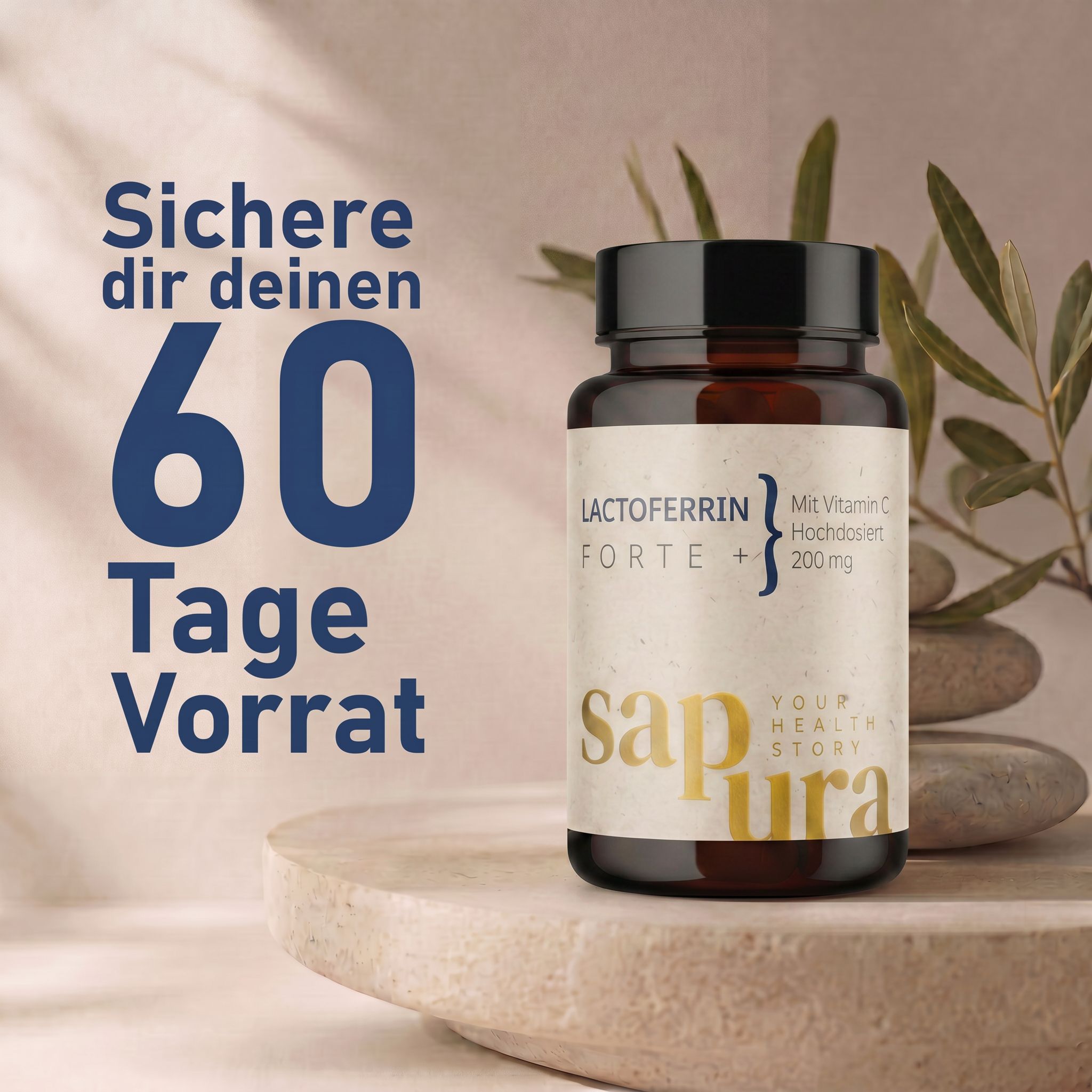 Flacone di Lactoferrin Forte con scorta di 60 capsule. Sapura Health.