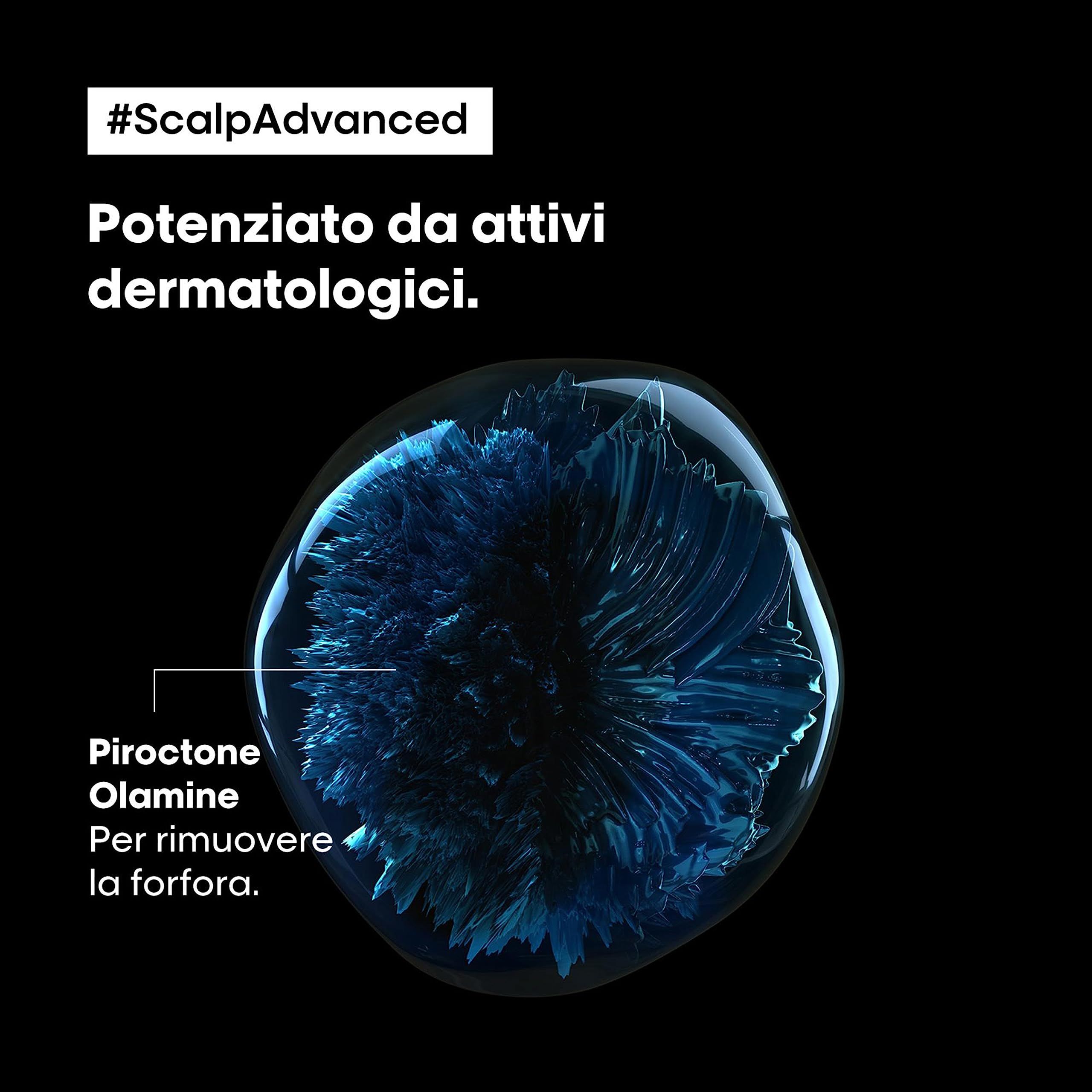 Rappresentazione astratta di un liquido blu. Testo: Piroctone Olamine, per rimuovere la forfora. Sfondo: nero.