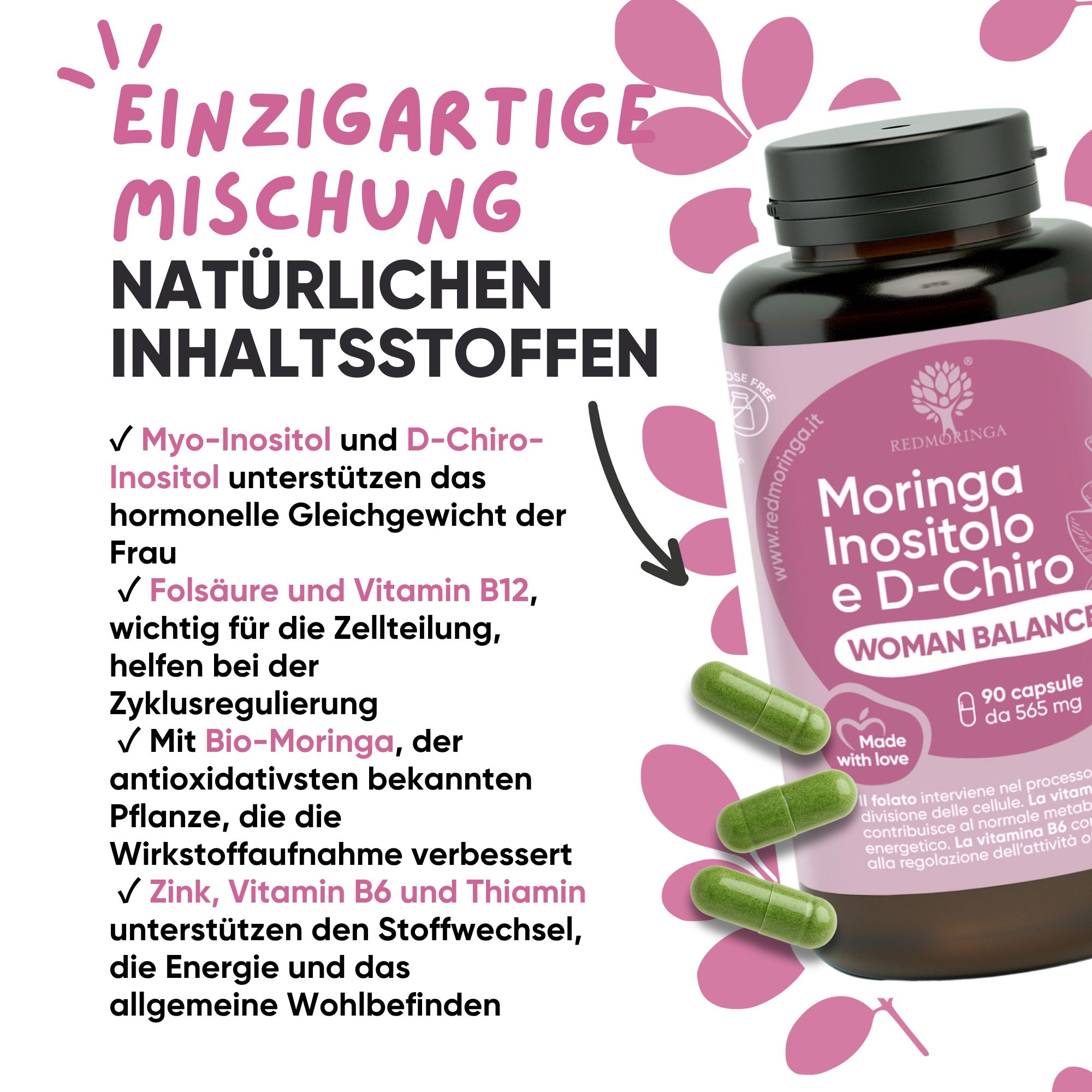 Flacone di capsule circondato da capsule verdi. Contiene Bio-Moringa, zinco, vitamine B.