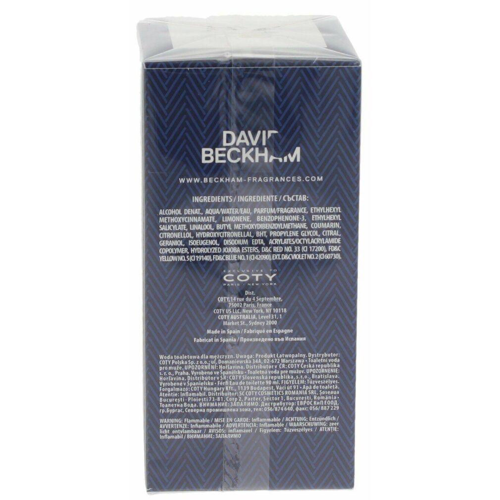 Retro della scatola. Scritto: DAVID BECKHAM, ingredienti, www.davidbeckhamfragrances.com, COTY.