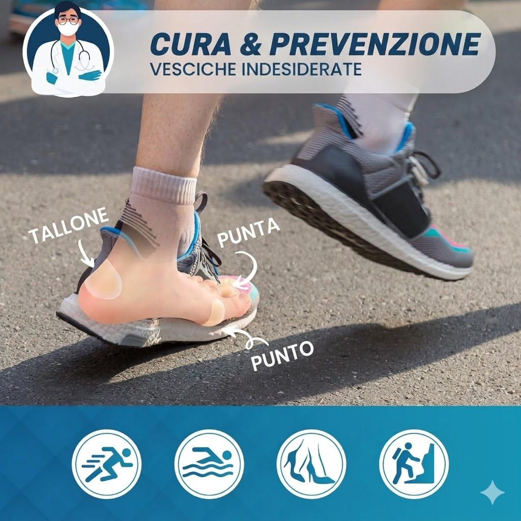 Persona con scarpe. Testo: Cura & Prevenzione. Cerotti su tallone, punta, punto. Simboli: corsa, nuoto, piedi, escursionismo.