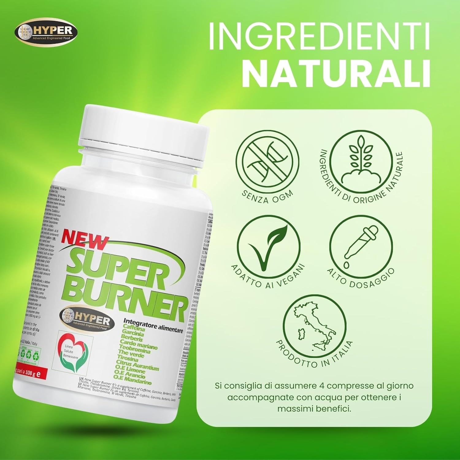 Una bottiglia NEW SUPER BURNER con testo sugli ingredienti naturali. Simboli.