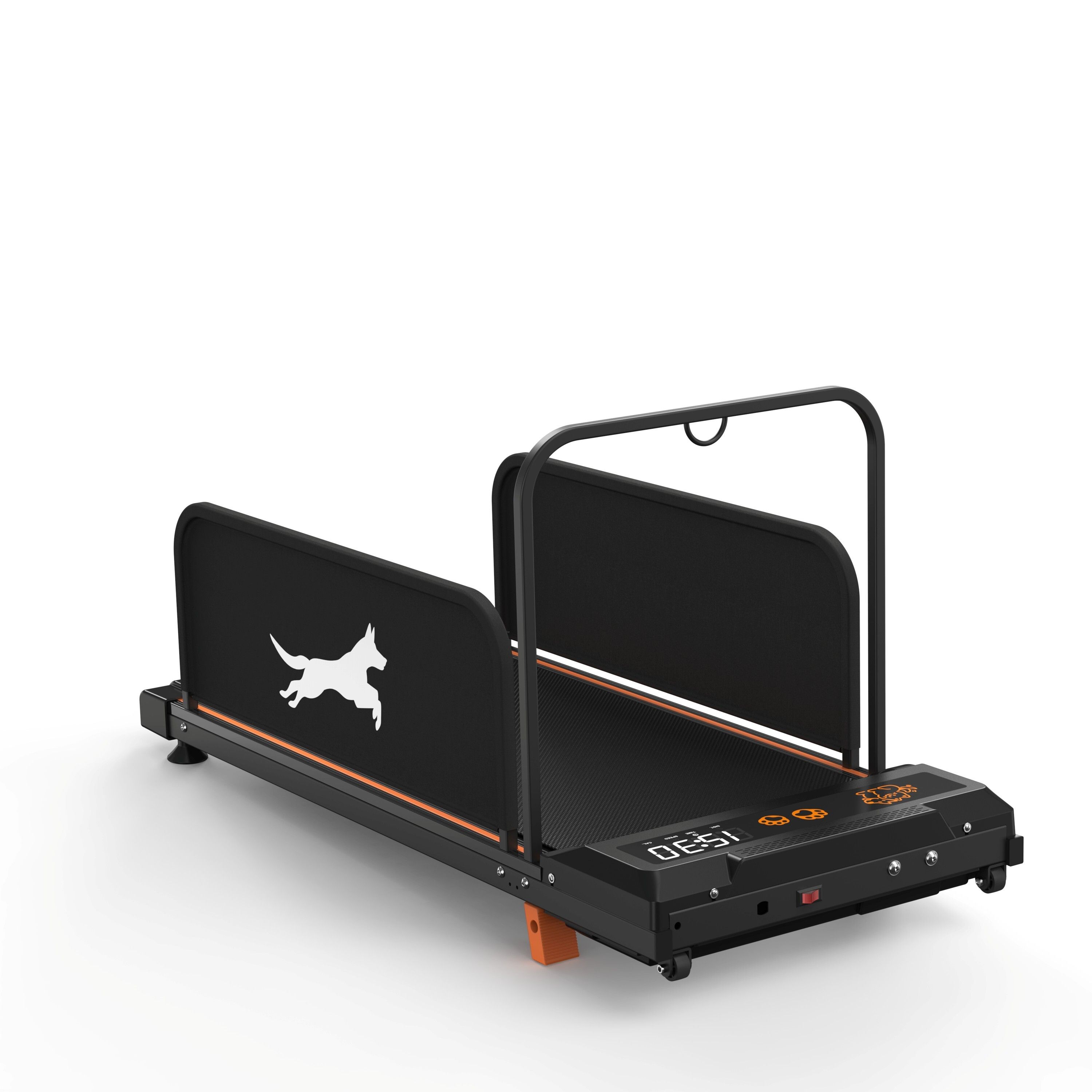 Tapis roulant nero per cani, protezioni laterali, maniglia. Display digitale.