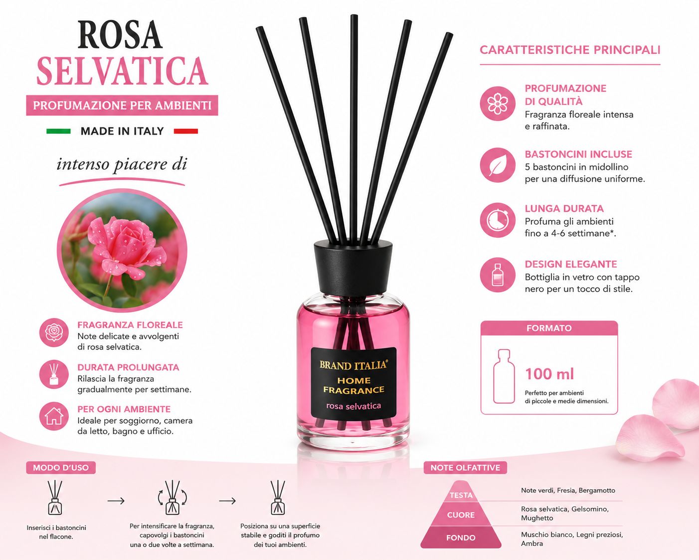 Bottiglia in vetro con liquido profumato rosa e bastoncini diffusori neri. Contiene 100 ml.