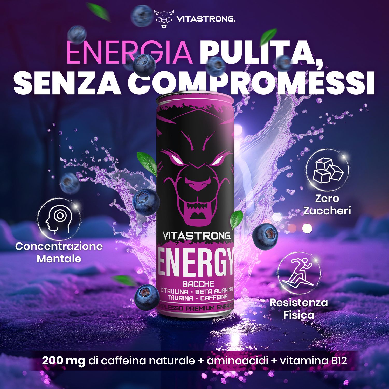 Lattina Vitastrong Energy Berries, bacche blu, testo. Energia, senza compromessi, concentrazione, resistenza.