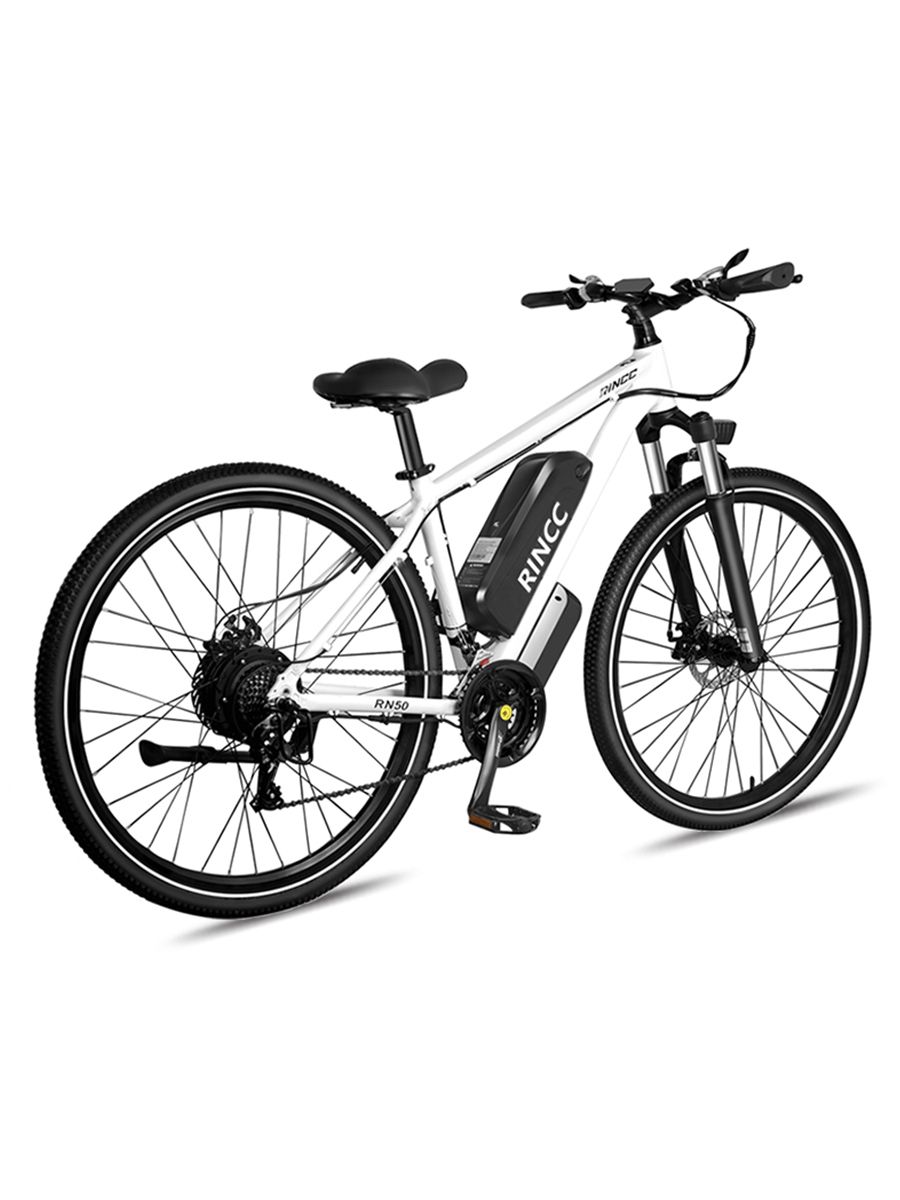 Mountain bike elettrica bianca con pneumatici neri e batteria. Marchio Rincc, modello RN50. Sella e manubrio neri.