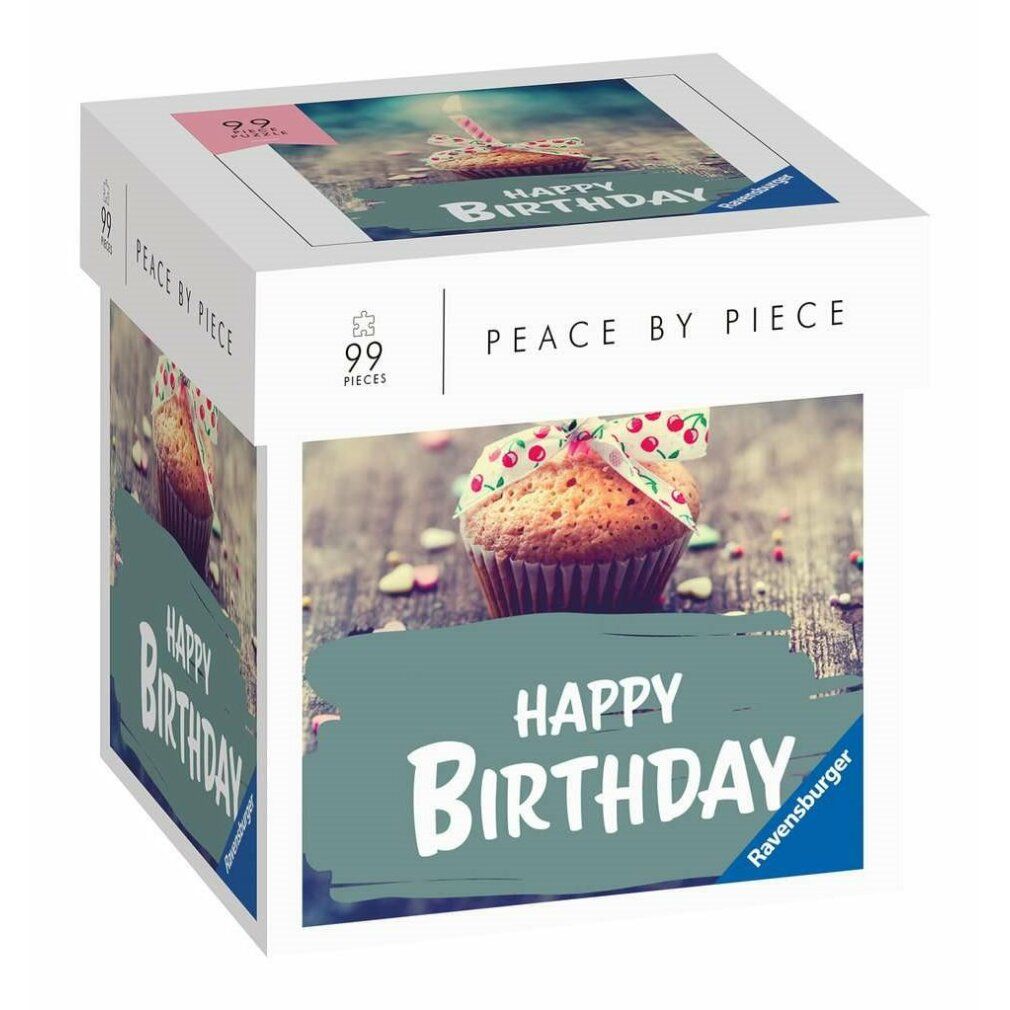 Scatola puzzle. Immagine: torta di compleanno con candela. Testo: Happy Birthday, Peace by Piece, 99 pezzi. Marchio: Ravensburger.